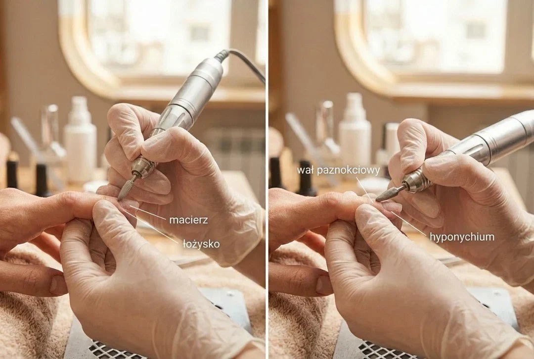Mapa anatomii paznokcia w ujęciu stylistki, z oznaczeniem kluczowych stref pracy.