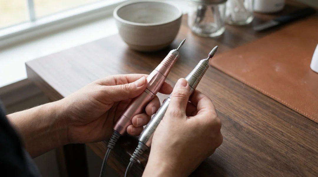 Stylistka wybiera frezarkę przy domowym stanowisku manicure, porównując ergonomię i jakość wykonania.