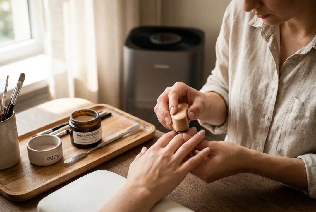 Naturalna płytka paznokcia z perłowym połyskiem po manicure japońskim na profesjonalnym stanowisku