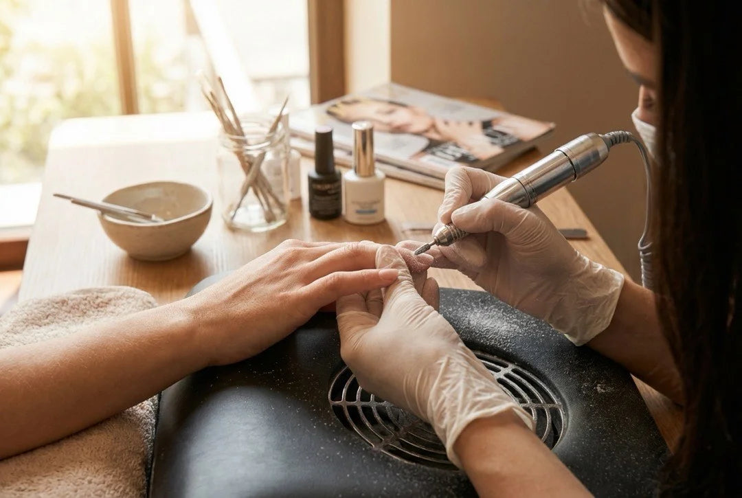 Realistyczne ujęcie stanowiska stylistki podczas zdejmowania hybrydy frezarką, z naciskiem na technikę i kontrolę pyłu.