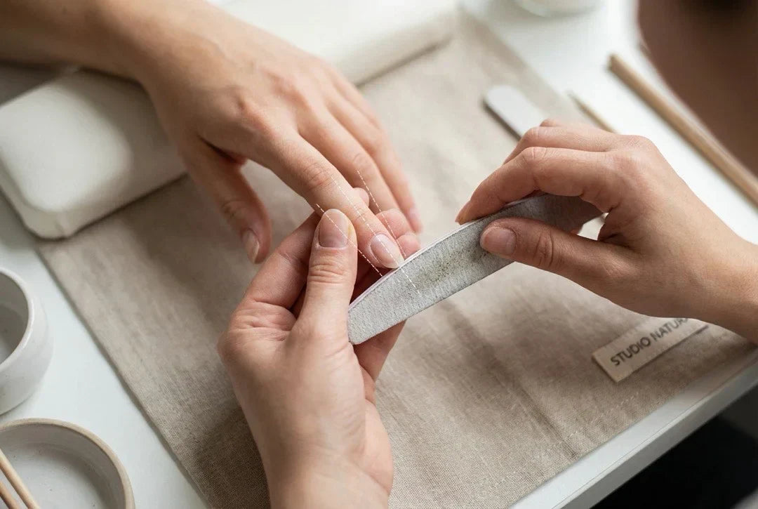 Oś paznokcia i linie kontrolne podczas precyzyjnego piłowania w salonie.